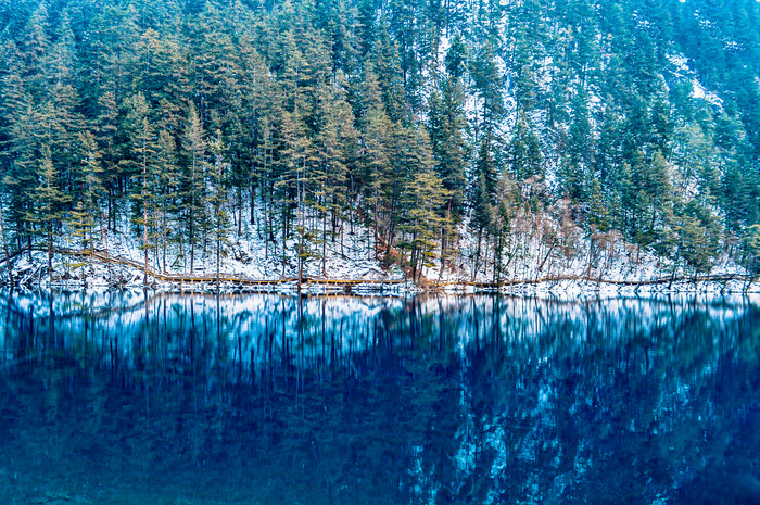 九寨沟初雪覆盖的森林湖水图片