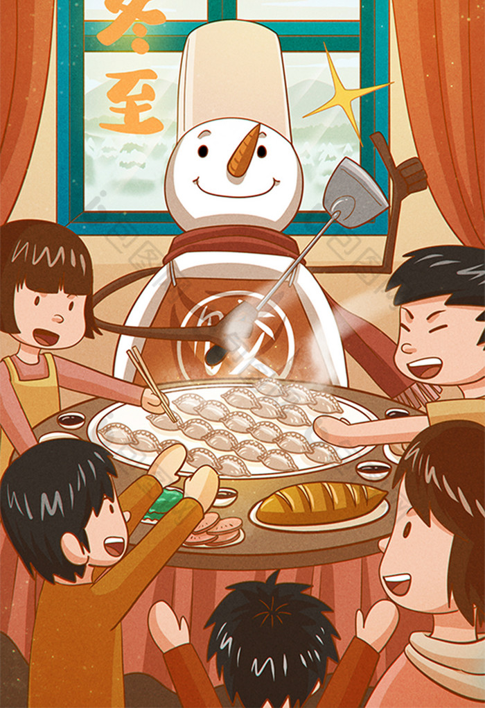 温暖温馨家庭相聚吃饺子插画