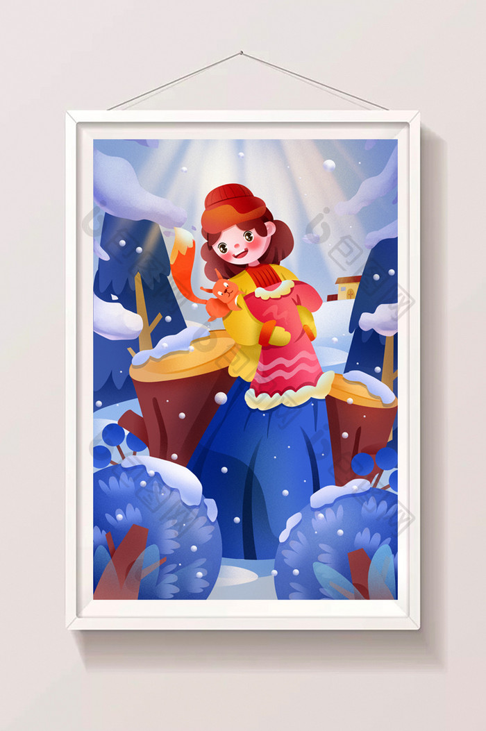 蓝色温馨冬天抱着毛衣的少女和小松鼠插画