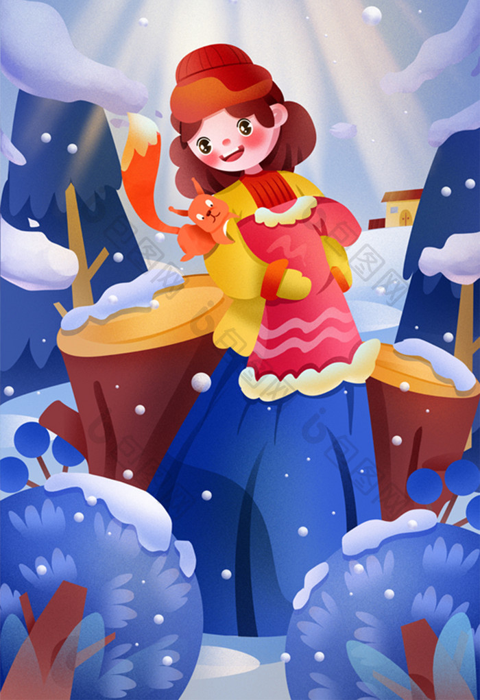 蓝色温馨冬天抱着毛衣的少女和小松鼠插画