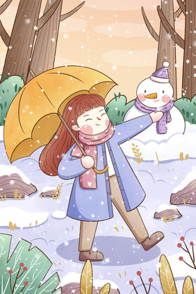 清新冬季女孩与雪人插画