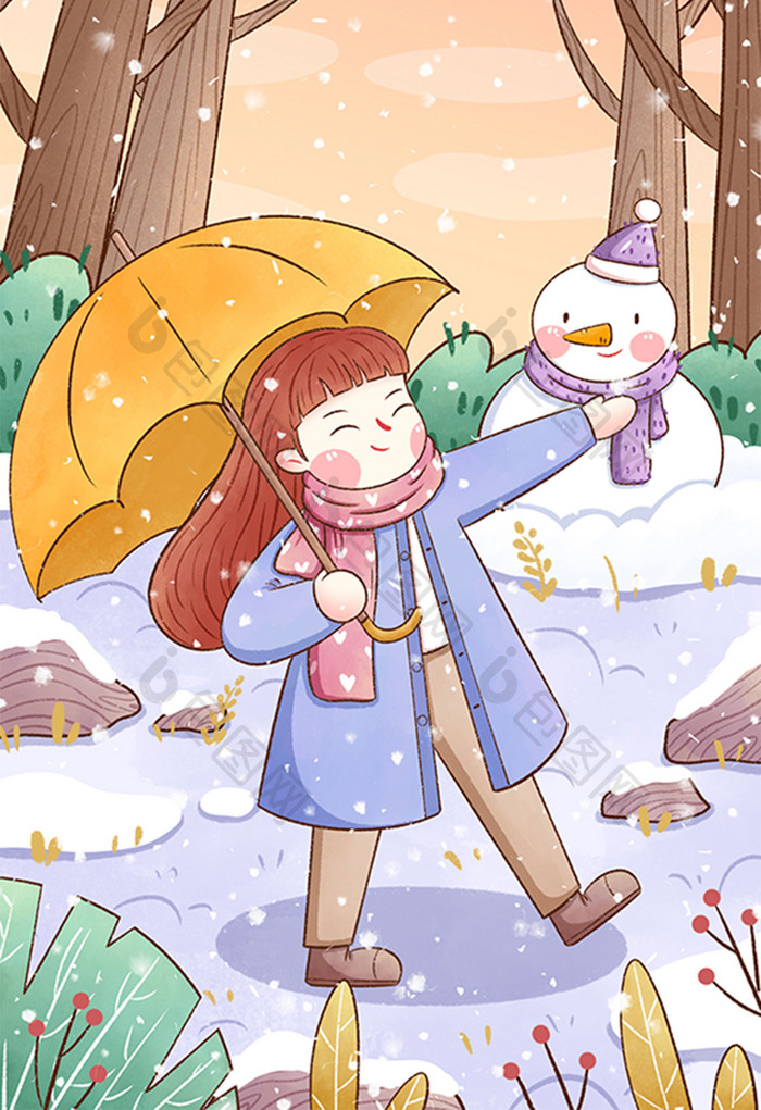 清新冬季女孩与雪人插画