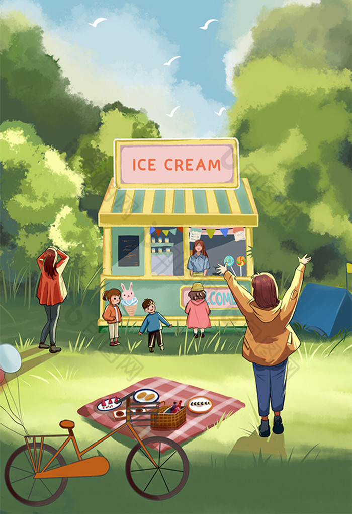 秋日欢乐全家野餐出游人物插画图片