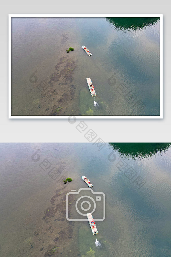航拍漓江行驶中的竹筏摄影图片