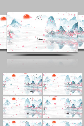 中国风水墨山水花瓣飘雪动画素材背景视频图片