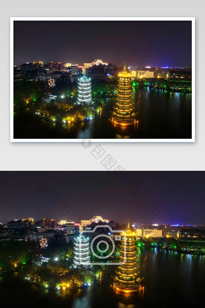 航拍桂林日月双塔夜景摄影图片