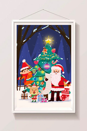 圣诞节平安夜圣诞老人派发礼物插画图片