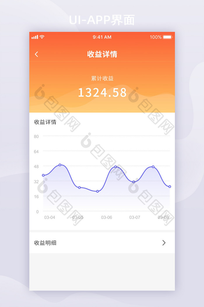 橙红色卡片风金融APP移动界面收益详情