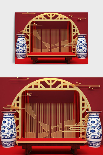 红花色系中式国潮风新年主题C4D创意场景图片