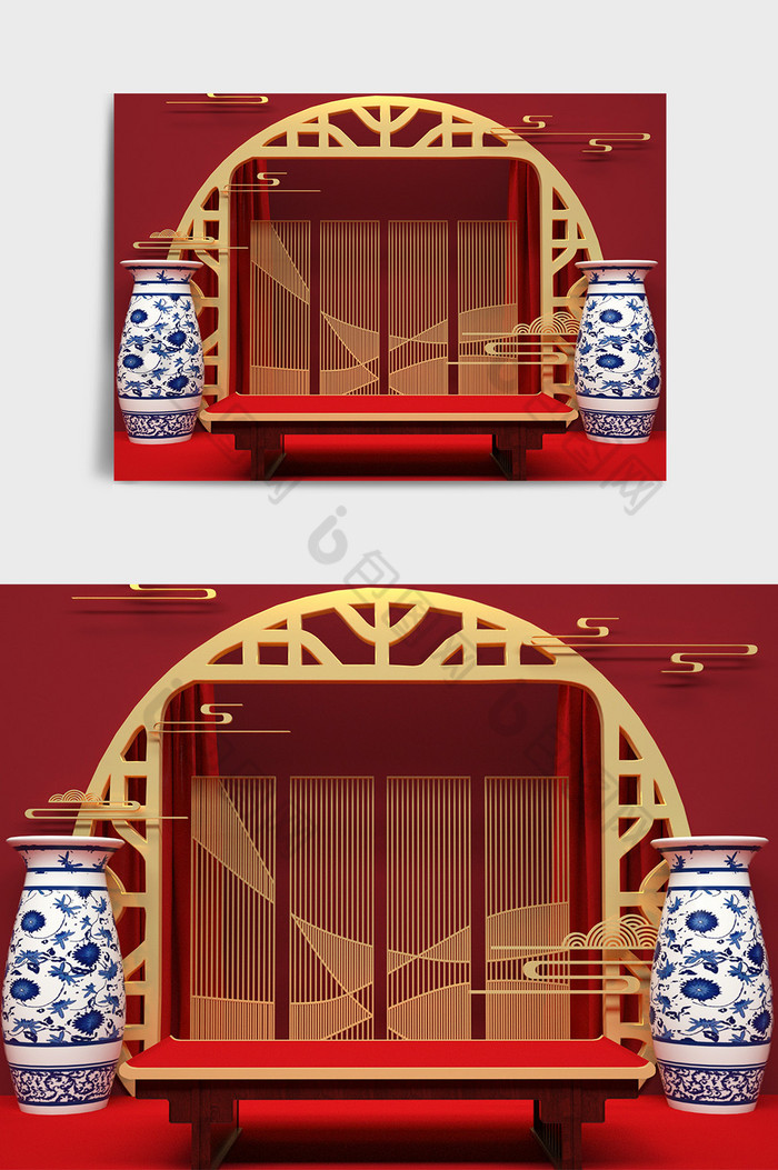 红花色系中式国潮风新年主题C4D创意场景图片图片