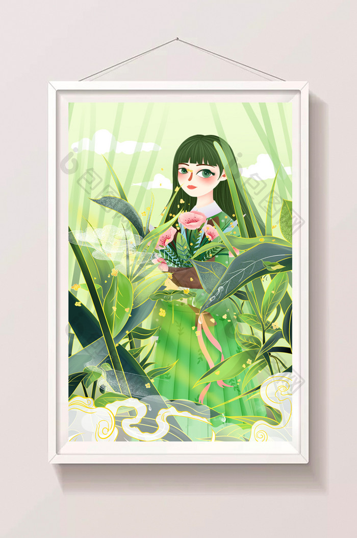 草丛中的少女国风插画