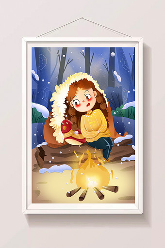 蓝色冬天和小鸟一起烤火的女孩插画图片