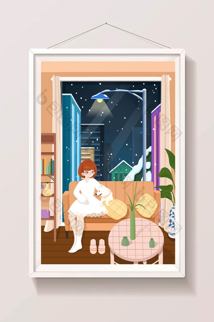 雪夜室内小女孩和宠物狗插画图片图片