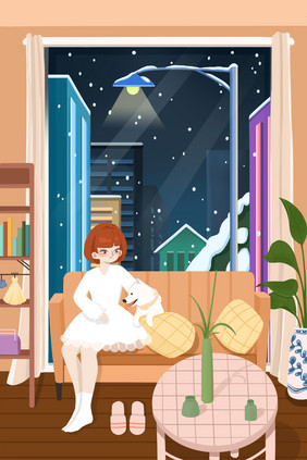 黄色卡通雪夜室内小女孩和宠物狗插画