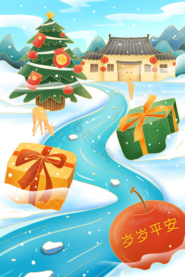 圣诞节平安夜中国雪景插画图片
