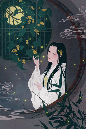 黄绿色夜色中国风古风女子窗台亭台插画