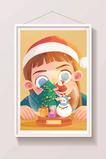 暖色粉色小女孩圣诞节水晶球玻璃球礼物插画图片