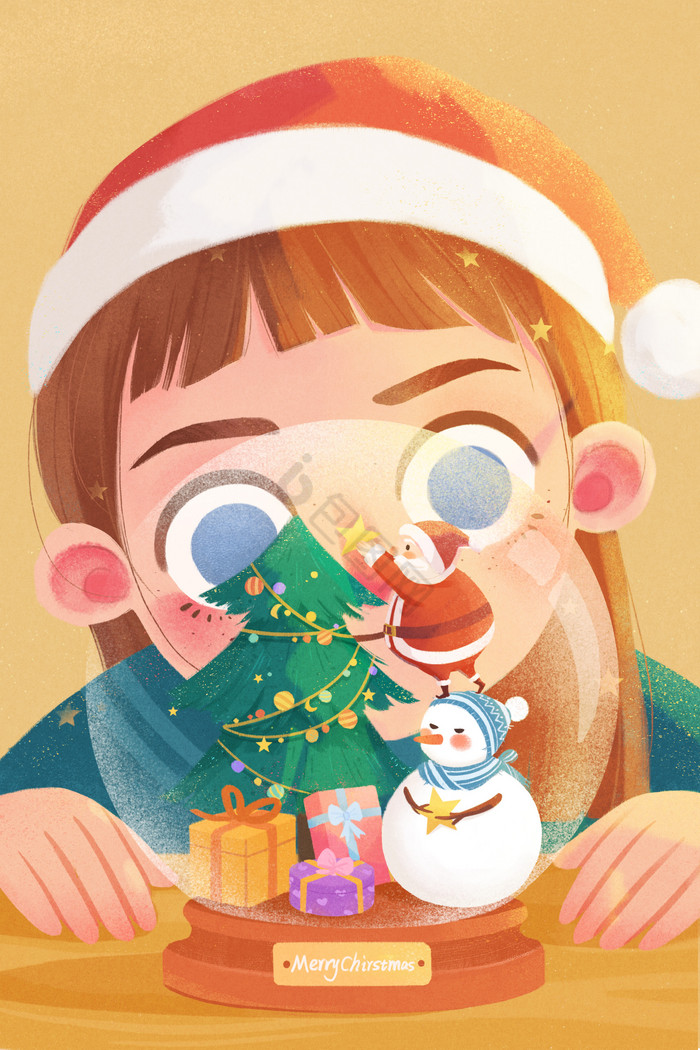 暖色小女孩圣诞节水晶球玻璃球礼物插画图片