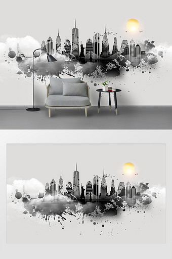 现代新中式简约水墨泼墨禅意城市客厅背景墙图片