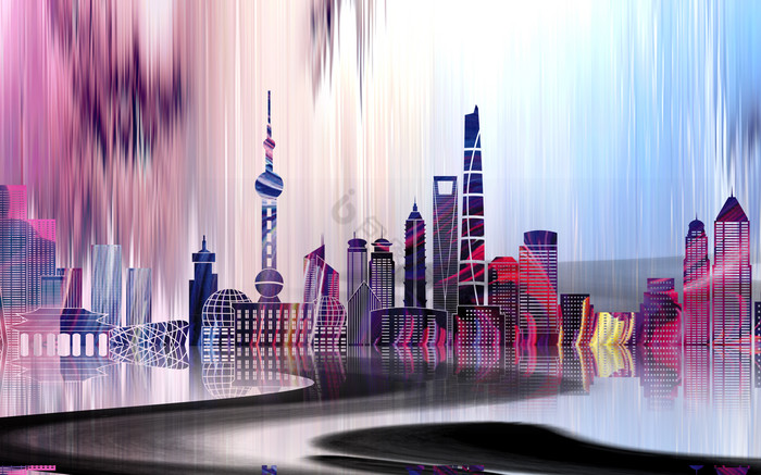 现代新中式简约水彩彩绘上海城市客厅背景墙图片