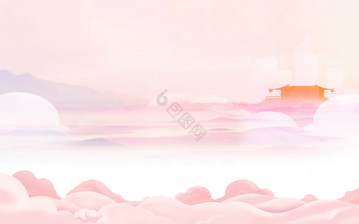 彩色水彩天空海市蜃楼朦胧城市客厅背景墙图片
