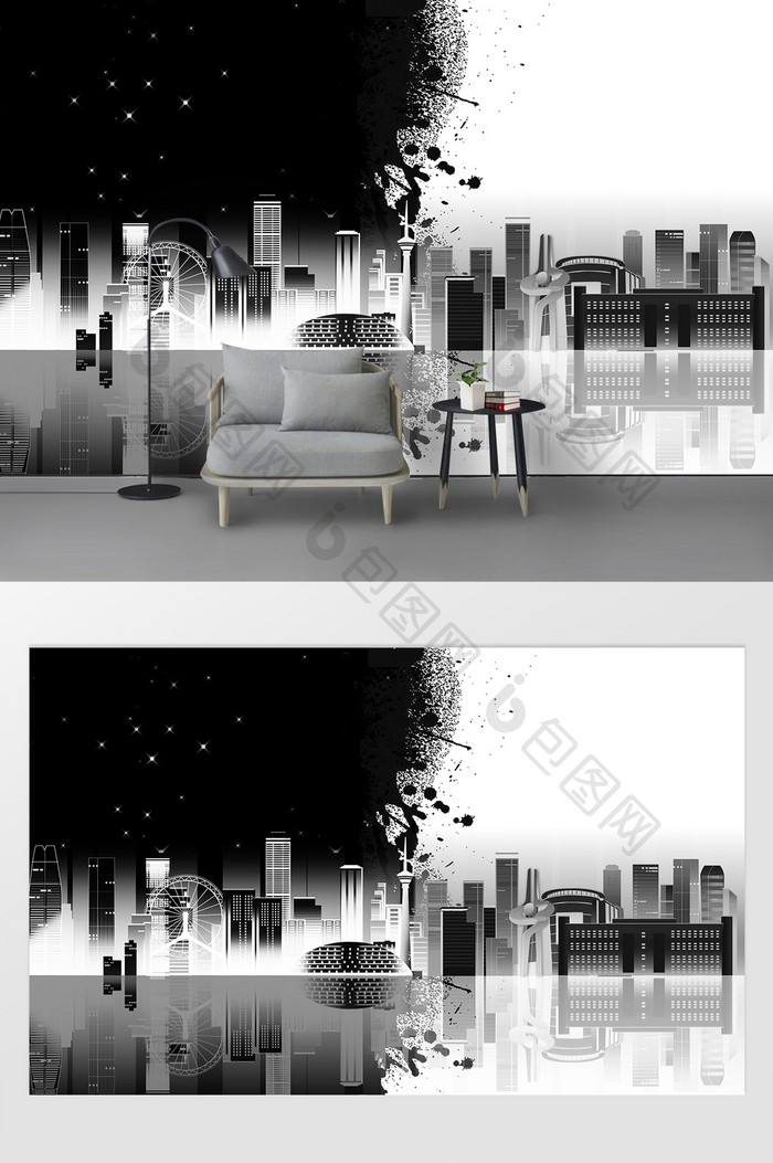 现代新中式创意黑白水墨摩天轮城市背景墙