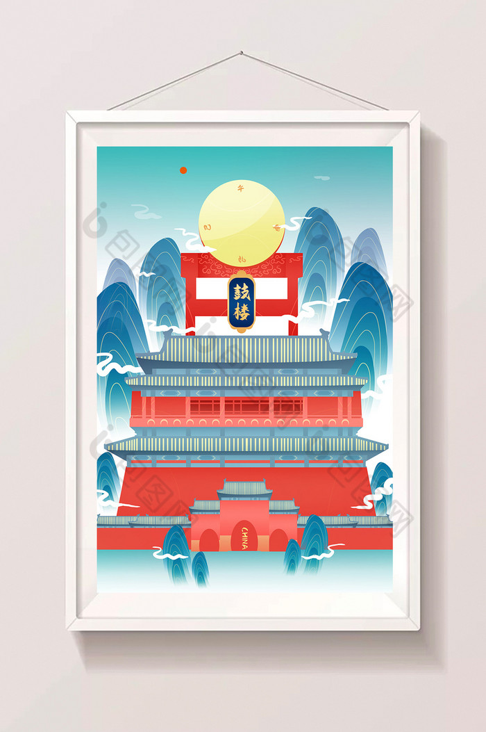 金色北京鼓楼建筑风景文化插画