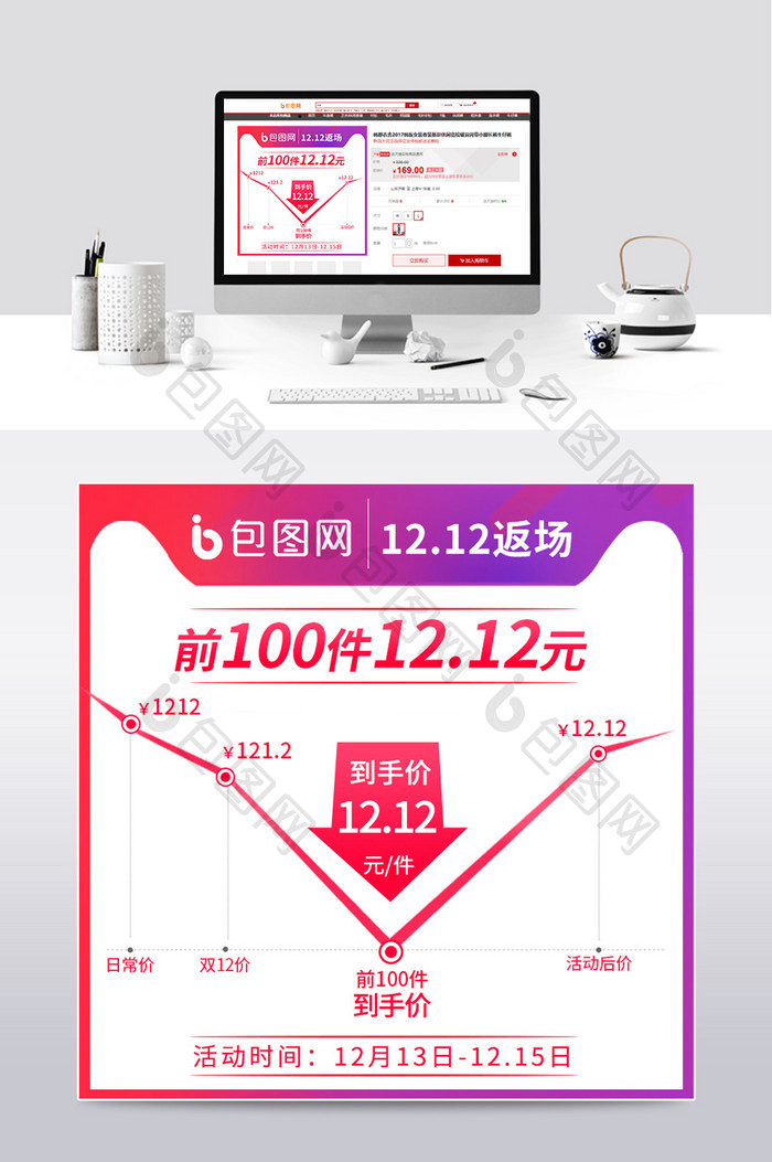 12.12双十二紫色渐变价格曲线主图模板