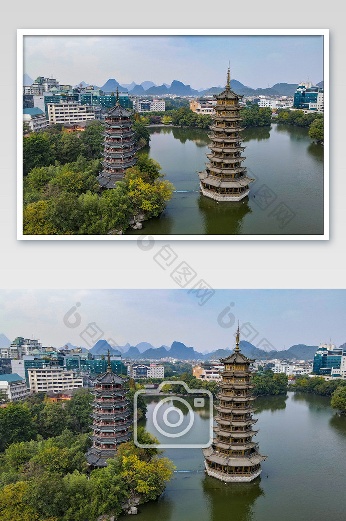 航拍广西桂林日月双塔摄影图片