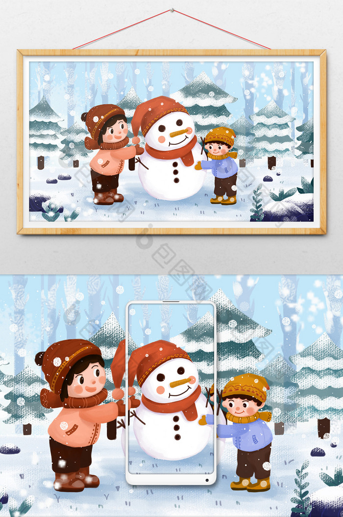 温馨冬天堆雪人插画图片图片