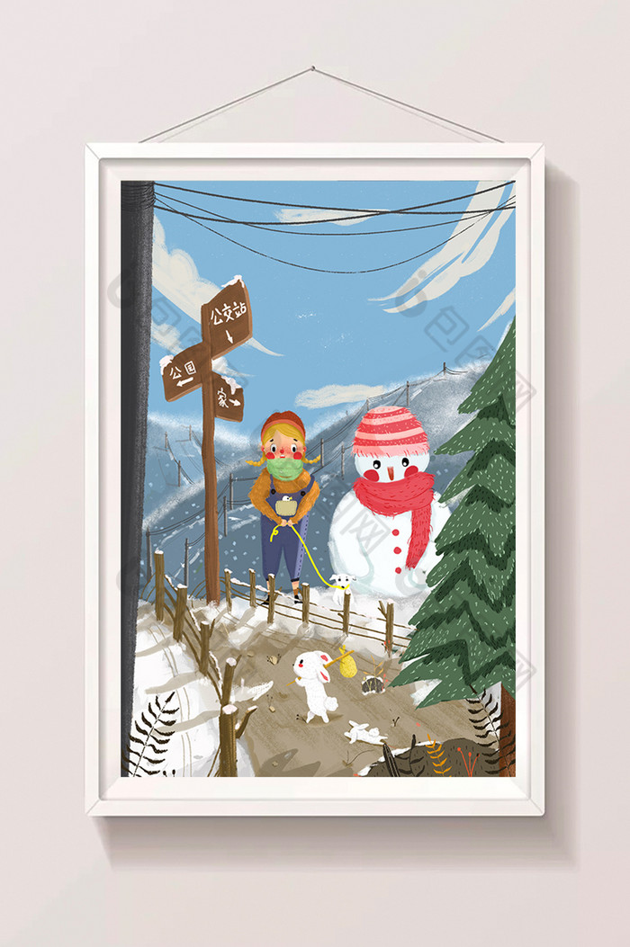 冬季女孩与雪人插画图片图片