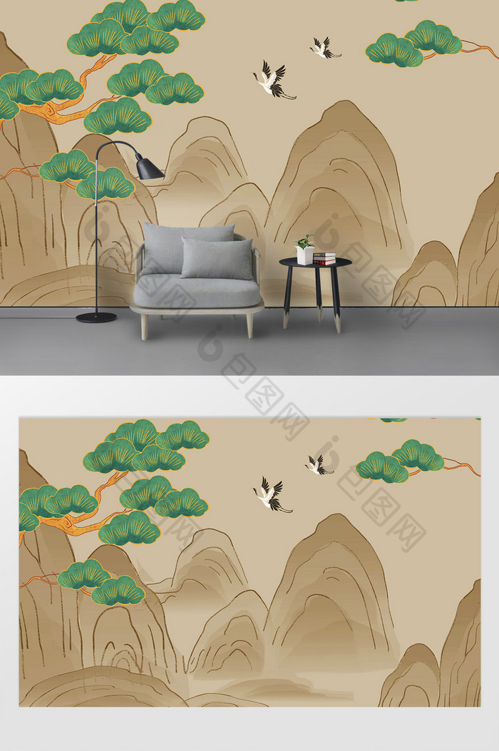 新中式创意国潮仙鹤山水电视沙发背景墙