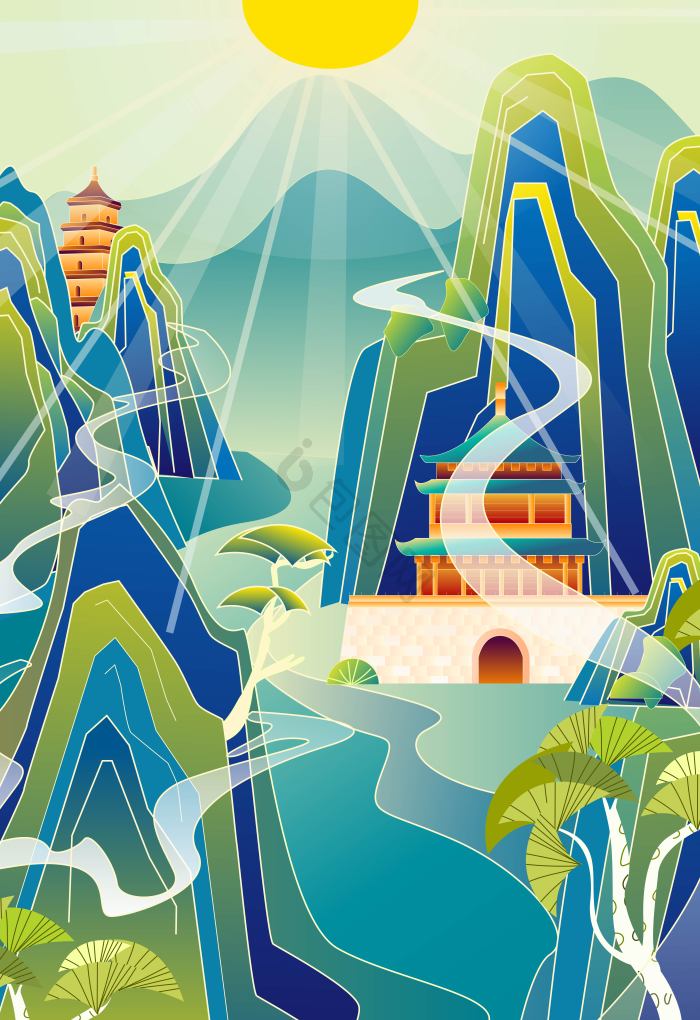 建筑山水风景插画图片-包图网