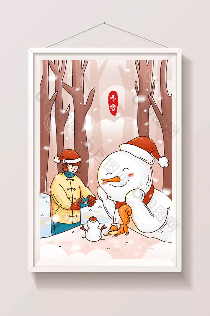 大雪节气拍照雪人插画海报
