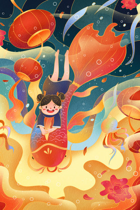 国潮风新中式抱鱼的女孩年年有余插画图片