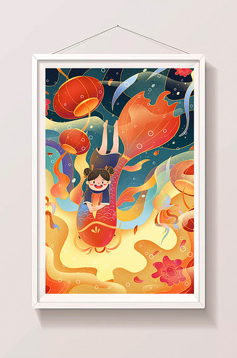 国潮风新中式抱鱼的女孩年年有余插画图片