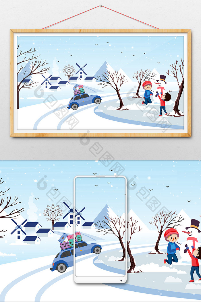 冬天堆雪人路面结冰矢量扁平化卡通网页插画