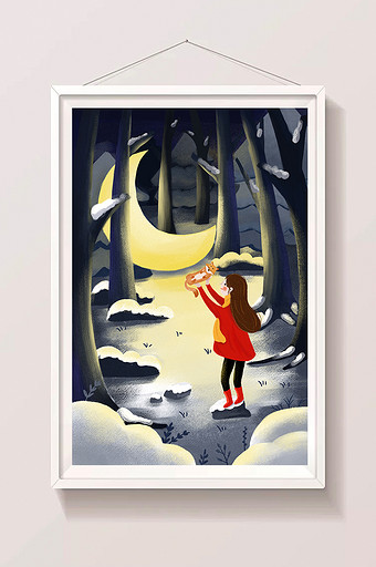 二十四节气大雪女孩与狐狸插画图片