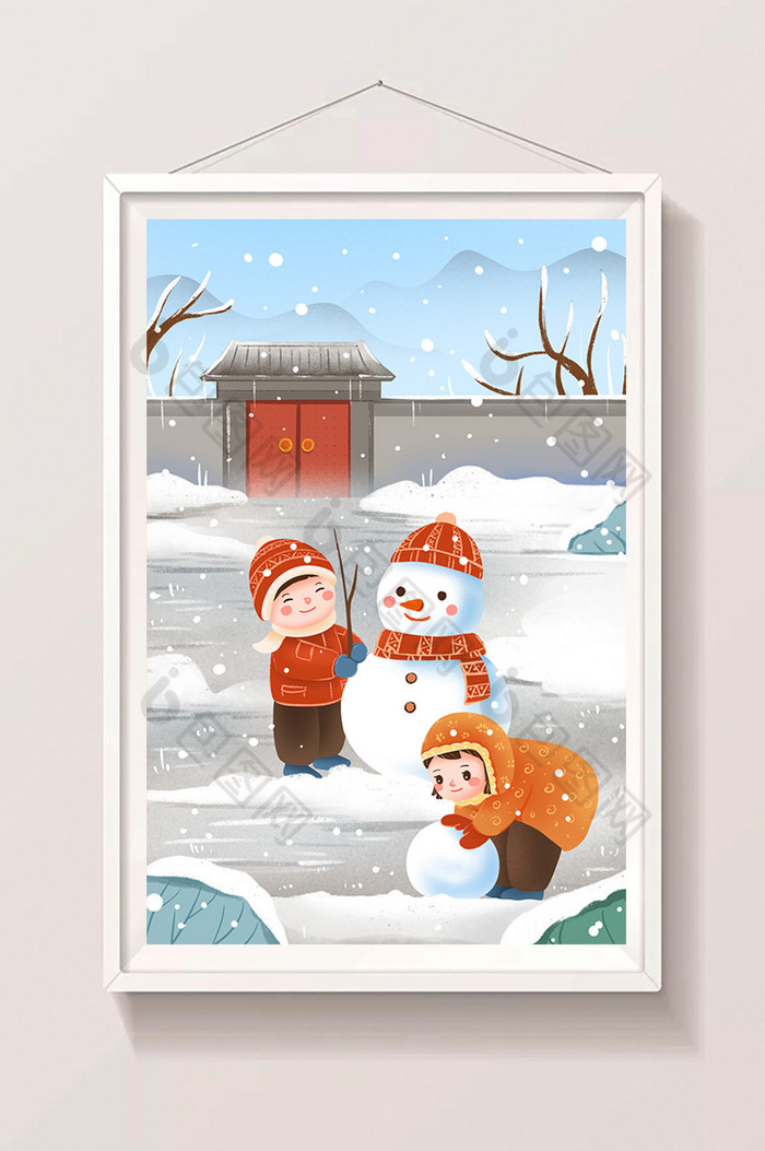 大雪家门前堆雪人插画图片图片