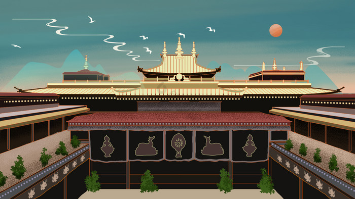金色西藏大昭寺景区插画图片