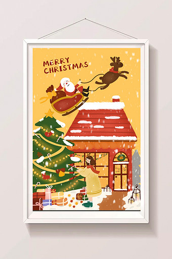 红色温暖圣诞节女孩装扮圣诞树扁平插画图片