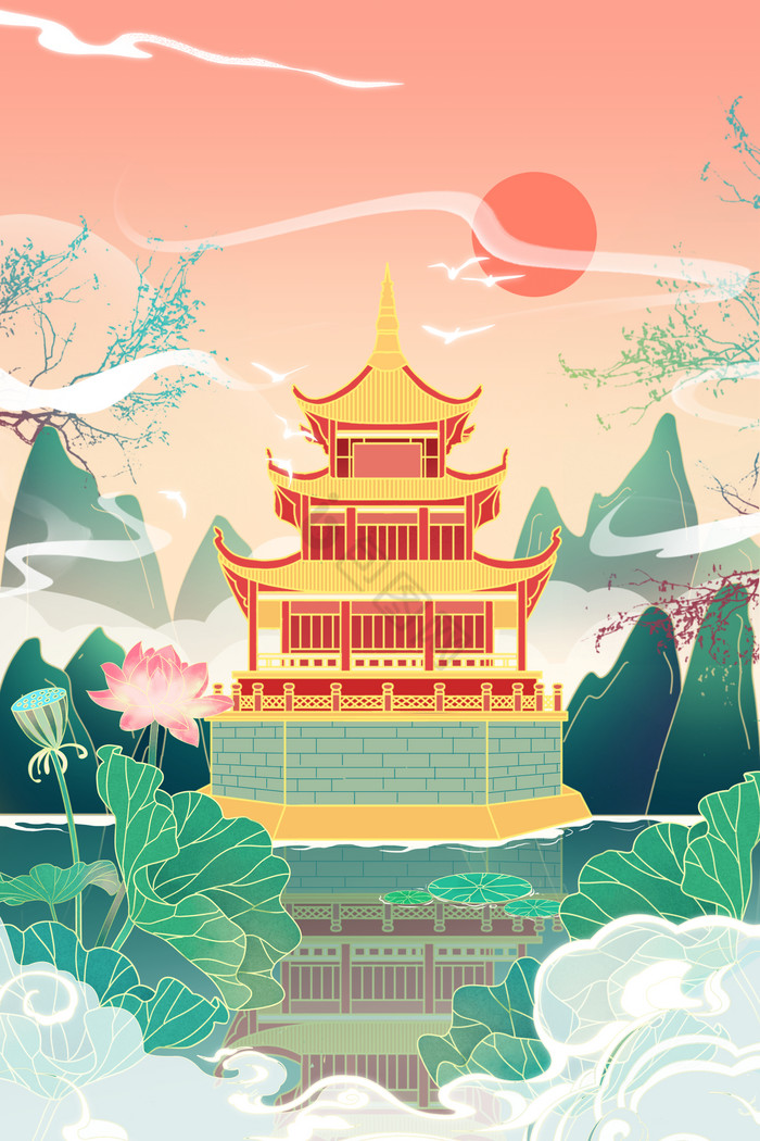 古风知时亭建筑风景插画