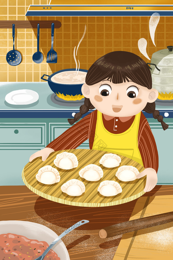 温馨冬至煮饺子插画