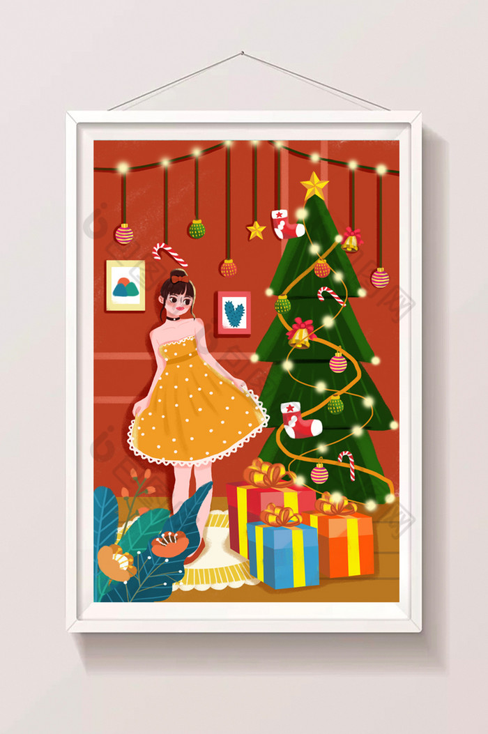 圣诞节插画圣诞树彩灯礼物盒插画图片图片