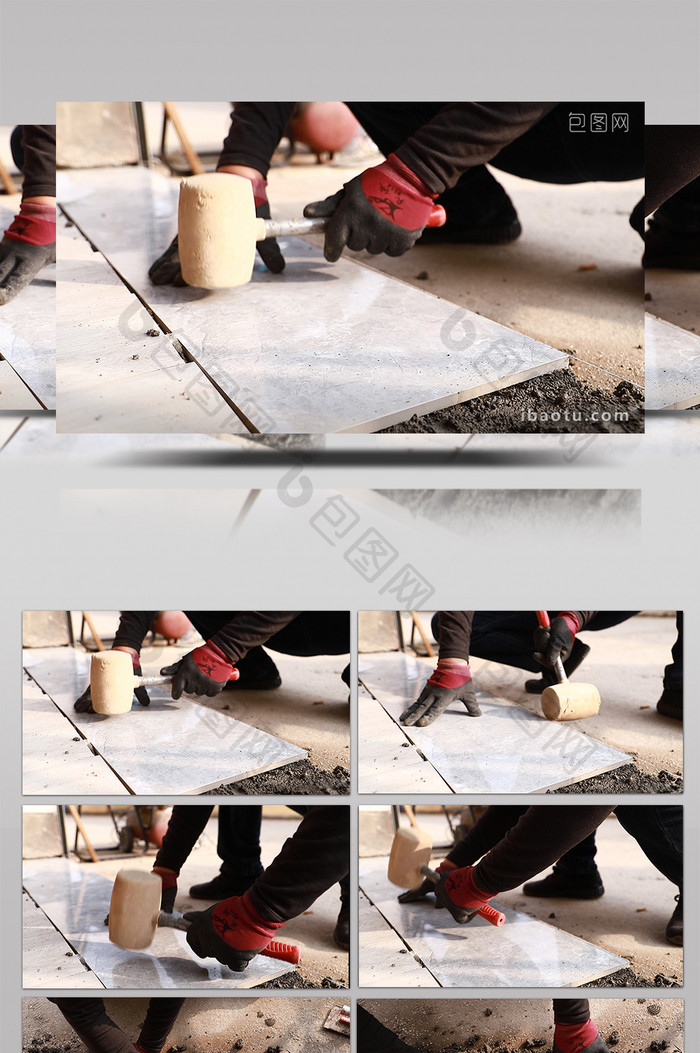 实拍装修工人铺地板砖
