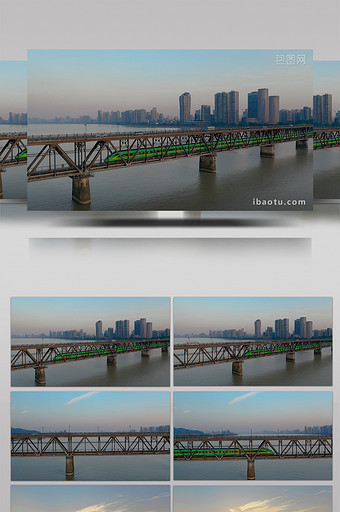 杭州市钱塘江大桥双层大桥高铁疾驰而过航拍图片