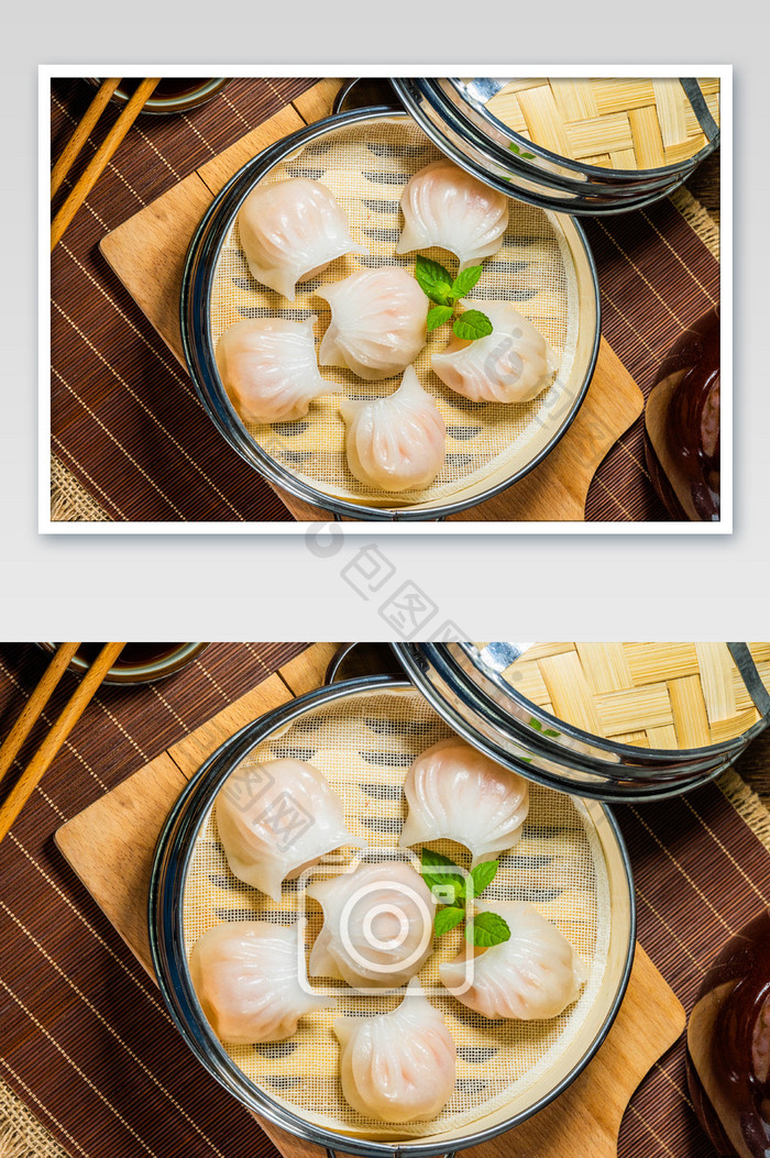 蒸笼里的虾饺摄影图