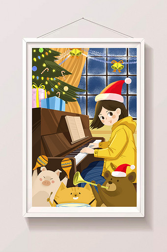 黄色圣诞颂歌平安夜圣诞节插画图片下载