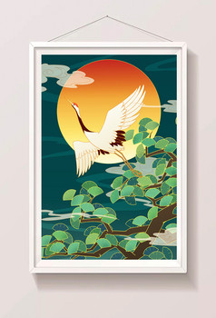 中国风国潮复古鎏金祥云仙鹤松树风光插画