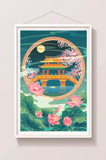 扁平风国潮中国传统景点建筑海报复古插画图片